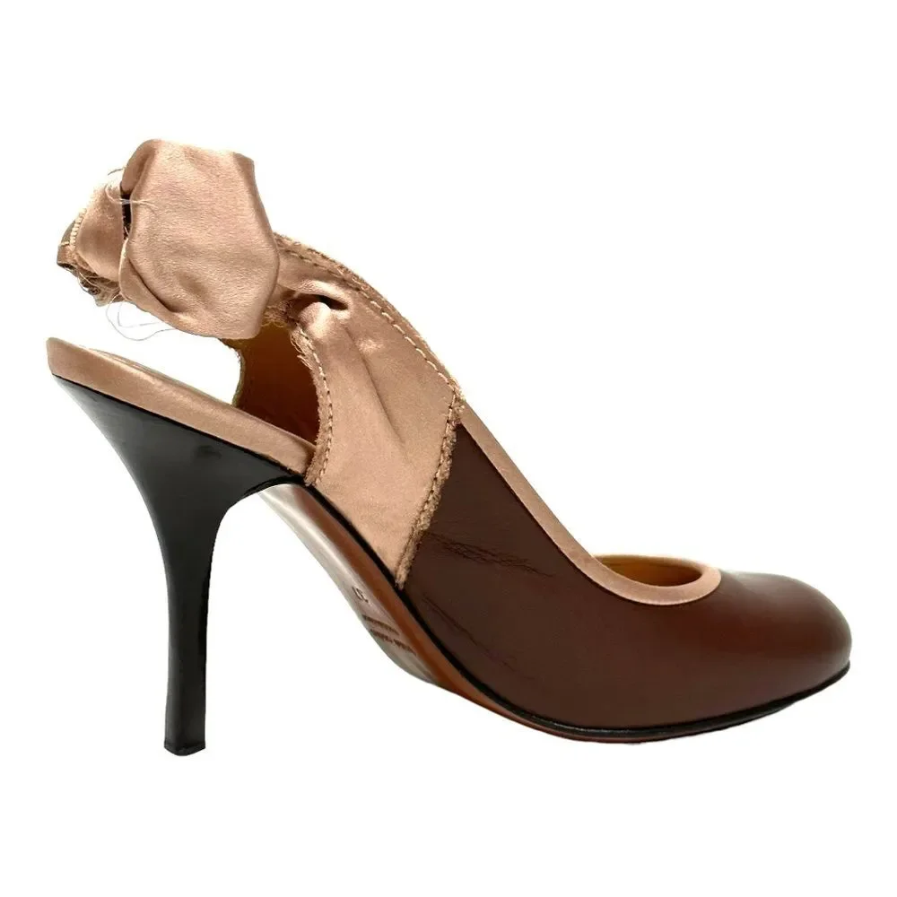 LANVIN Brown Leather & Pink Silk Slingback Bow Pumps Heels 37 6.5 7 Italy